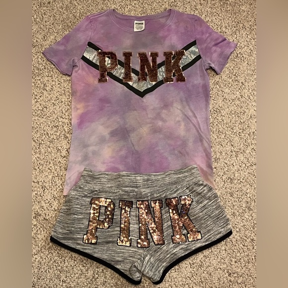 PINK Victoria’s Secret Rose Gold Bling Sequined SET  RARE!! Shorts and T-Shirt - Picture 1 of 15